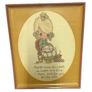Vintage Precious Moments Framed Needlepoint Wall Art Mother Mothers Day Finished